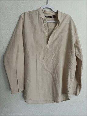 Men's Cubavera Casual Shirt L Beige Textured Embroidered Henley Style